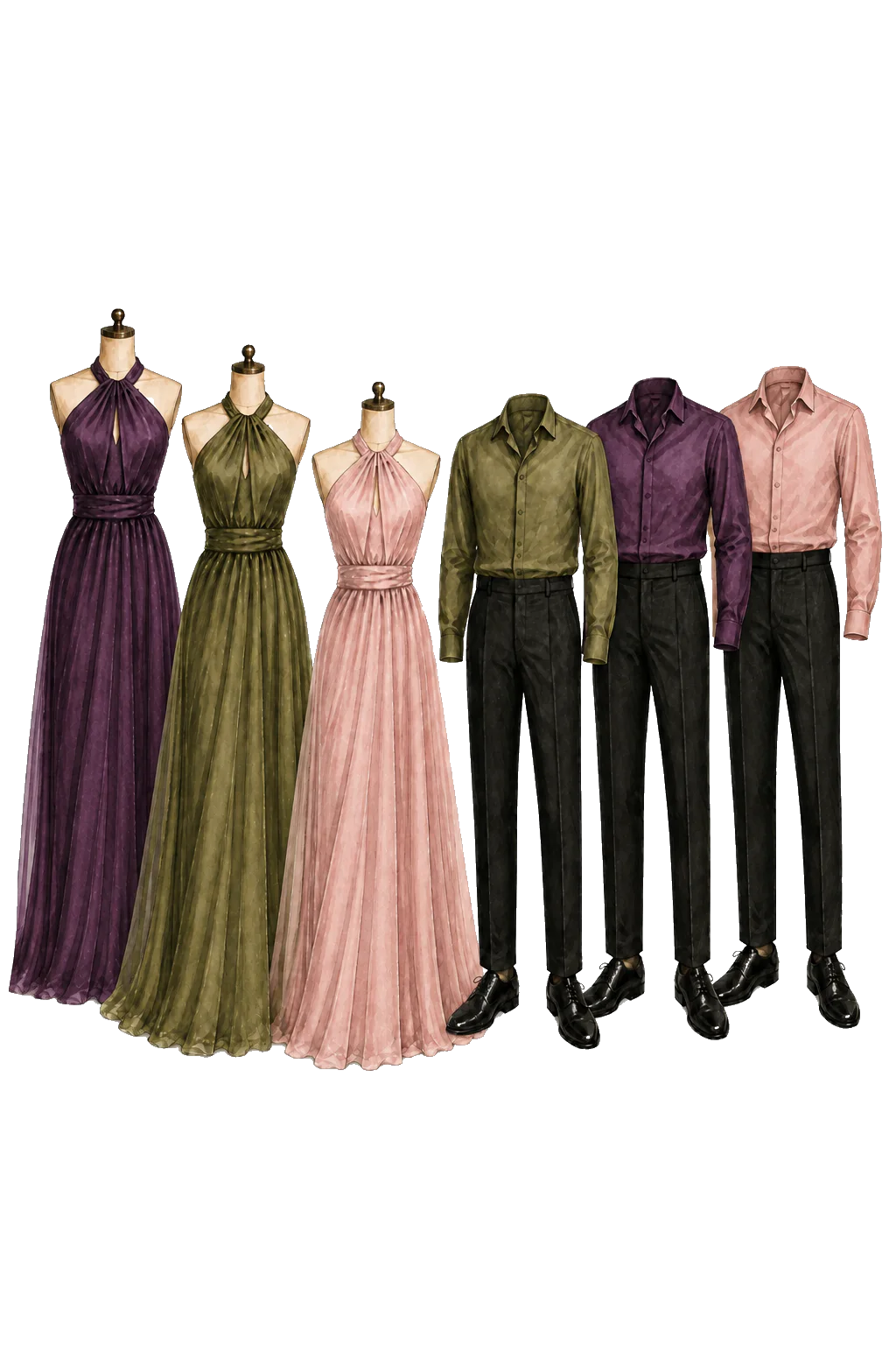 Watercolor fashion sketch arranged in a V formation with plum perfect, olive green, and blush pink floor-length dresses on the left and matching formal shirts with black trousers on the right